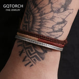 3pcs/set 999.9 Fine Silver Heart Sutra Open Cuff Bangle Lucky Rope Braided Stack Bracelets for Men Retro Buddhism Jewelry