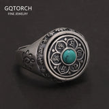 925 Sterling Silver Six Mantra Lotus Ring with Turquoise Onyx Agate Rotatable Unisex Vintage Buddhist Prayer Jewelry