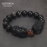 Natural Obsidian Stone Beads Pixiu Bracelet for Men Black/Gold Obsidian Vintage Chinese Fengshui Wealth and Luck Jewelry