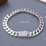 7-12mm Wide 100% 925 Sterling Silver Simple Flat Cuban Chain Bracelet for Men Double Safe Lock Clasp - GQTORCH Jewelry