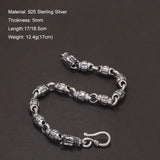 Solid 925 Silver Dragon Heads Six-words Bracelet for Men Women Mantra Beaded Chain Retro Punk Style Unisex Jewelry
