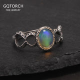 Womens Oval Opal Ring Sterling Silver 925 Retro Style Fulu Gourd Open Rings Light Weight Stackable Fashionable Jewelry