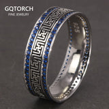 Genuine Sterling Silver 925 Turkish Rings for Men and Women with Blue Round Zircon Retro Punk Rings Fashion Silver Jewelry