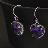 Real S925 Sterling Silver Natural Amethyst Heart Ring Drop Earrings for Women Girl Vintage Fashion Jewelry Set