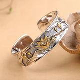 Real 925 Sterling Silver Bangles for Women Wide Bracelet Gold Color Lotus Carved Opening Cuff Buddhist Jewelry