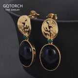 Vintage 925 Sterling Silver Onyx Drop Earrings for Women 18k Gold Plated Luxury Elegant Party Jewelry Gift for Ladies