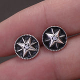 9mm 925 Sterling Silver Star Black Enamel Round Shaped Stud Earrings for Men Women Sun Ear Studs Punk Retro Fashion Jewelry