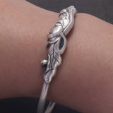 Solid 999 Pure Silver Lotus Open Bracelet for Women Elegant Vintage Retro Ethnic Style Jewelry Birthday Gift for Lady