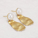 925 Sterling Silver Water Drop Earrings with Natural Pearl Gold Plating Vintage Scratch Wave Pattern Elegant Female Jewelry