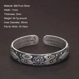999 Pure Silver Buddhist Fish Lotus Bracelet Heart Sutra Engraved Open Cuff Bangle Vintage Adjustable Handmade Spiritual Jewelry - GQTORCH Jewelry