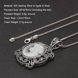925 Sterling Silver Cameo Goddess Necklace for Women Green Agate Big Pendant White Shell Engraved Vintage Antiqued Jewelry