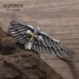 925 Sterling Silver Cross Angle Wing Open Bangle Bracelet for Men Graffiti Retro Hiphop Punk Biker Fashion Jewelry