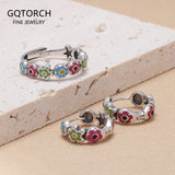 925 Sterling Silver Cute Small Flower Drop Glaze Hoop Earrings Ring for Girl Women Fashion Korean Trendy Jewelry Set