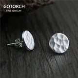 Handmade 925 Sterling Silver Stud Earrings For Women Simple Round Hammering Trace Pattern