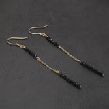 925 Sterling Silver Black Crystal Long Tassel Dangle Earrings for Women Gold Plated Small Beads Drop Earrings Vintage Jewelry