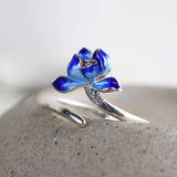 Real 925 Sterling Silver Lotus Open Rings for Women Enameling Flower Finger Ring Resizable Fine Jewelry