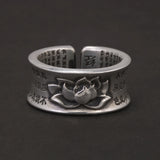 999 Pure Silver Lotus Ring Heart Sutra Engraved Adjustable Men Women Lucky Runes Vintage Retro Buddhism Jewelry