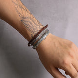 3pcs/set 925 Sterling Silver Retro Braided Open Bangle with Brown Lucky Knot Rope Men's Stack Bracelet Vintage Party Jewelry
