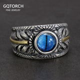 Real 925 Sterling Silver Feather Rings With Evil Eye Charm Mens Rock Ring Drop Shipping Wholesale Vintage Retro Jewelry