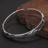 999 Pure Silver Fish Open Cuff Bracelet for Men Women Lotus Engraved Vintage Retro Bangle Fengshui Ethnic Style Jewelry