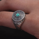 925 Sterling Silver Six Mantra Lotus Ring with Turquoise Onyx Agate Rotatable Unisex Vintage Buddhist Prayer Jewelry