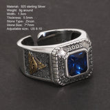 Men's Square Blue Zircon signet Ring 925 Sterling Silver with Vintage Bird God's Eye Punk Adjustable Jewelry