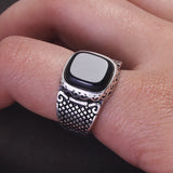 925 Sterling Silver Black Onyx Stone Signet Ring for Men Vintage Retro Pattern Turkish Pinky Rings Punk Rock Trendy Jewelry