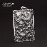 Sterling Silver 990 Vintage Auspicious Clouds Square Pendant for Men Carved Dragon Design Retro Punk Rock Pendant Male Jewelry