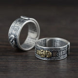 Pure SilverS990 Vintage Heart Sutra Scripture Ring for Women Opening Adjustable Pixiu Silver Hand Jewelry