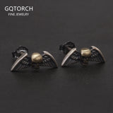 Solid 925 Sterling Silver Skull Angel Wing Stud Earrings for Men Women Punk Retro Street Gothic Ear Studs Creative Jewelry