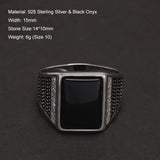 925 Sterling Silver Black Onyx Stone Signet Ring for Men Square Shaped Inlaid White Zircon Turkish Rings Retro Fashion Jewelry
