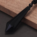 Natural Stone Geometric Pendant Necklace for Men Black Obsidian Blue Sandstone Adjusted Leather Rope Retro Vintage Jewelry