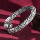 Thick Viking Arm Ring S999 Pure Silver Open Cuff Bracelet Domineering Double Dragons Play Ball Men's Fine Jewelry