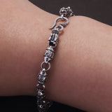 Solid 925 Silver Dragon Heads Six-words Bracelet for Men Women Mantra Beaded Chain Retro Punk Style Unisex Jewelry