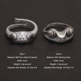 Real 925 Sterling Silver Frog Ring with Red Garnet for Women and Men Adjustable Retro Antiqued Creative Animal Jewelry