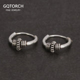 Real 925 Sterling Silver Hoop Earrings With String Ball Retro Antique Style Thai Silver Jewelry For Women Men Cool Fashion