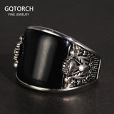 Vintage Punk 925 Rings With Natural Black Onyx Stone Unique Curved Surface Biker Rings For Men