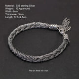 925 Pure Silver Fox Tail Bracelet Handwoven Tangcao Pattern Tassels for Men and Women Retro Adjustable Chain Fine Jewelry