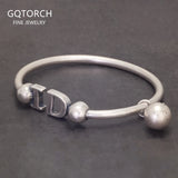 S990 Pure Silver Cuff Bracelet for Women Men I DO Letter Bead Charms Open Bangle Antiqued Retro Fashion Jewelry