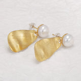 925 Sterling Silver Water Drop Earrings with Natural Pearl Gold Plating Vintage Scratch Wave Pattern Elegant Female Jewelry