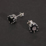 True 925 Pure Silver Crown Earrings Studs for Men and Women 6mm Round Black Zircon Simple Retro Jewelry Gift