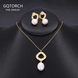 S925 Silver Gold Plated Pearl Necklace and Earrings Natural Freshwater Pearl Jewelry Set Matte Geometric Elegant Accessories