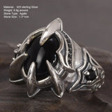 Real Pure 925 Silver Ring Cool Antique Paw Ring Men's Natural Stone Oval Black Agate Retro Hip Hop Adjustable Jewelry