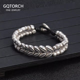 Original Design 999 Sterling Silver Women and Men Wheat ears Beaded Braided Bracelet Fashion Cowhide Rope Jewelry Accessories