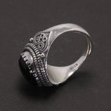 Real Pure 925 Silver Ring for Men Round Stone Natural Black Agate Antique Heart Pattern Fine Jewelry