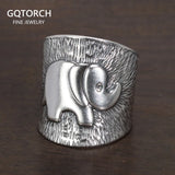 23mm Exaggerated Wide Ring Real Pure 999 Sterling Silver Embossed Elephant Band Men Women Adjustable Animal Lucky Jewelry