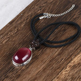 Genuine Solid 925 Silver Vintage Simulated Red Ruby Pendant Women Necklace Sandalwood Rope Braided Female Necklace Jewelry