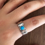 Retro S925 Sterling Silver Inlaid Turquoise Ring Indian Style Simple Adjustable Fine Jewelry for Men and Women