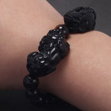 Natural Obsidian Stone Beads Pixiu Bracelet for Men Black/Gold Obsidian Vintage Chinese Fengshui Wealth and Luck Jewelry