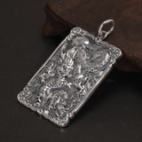 Sterling Silver 990 Vintage Auspicious Clouds Square Pendant for Men Carved Dragon Design Retro Punk Rock Pendant Male Jewelry